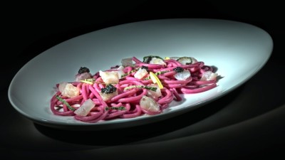 gli Spaghettoni al cipollotto con triglia marinata al limone e caviale” di Nicola Portinari